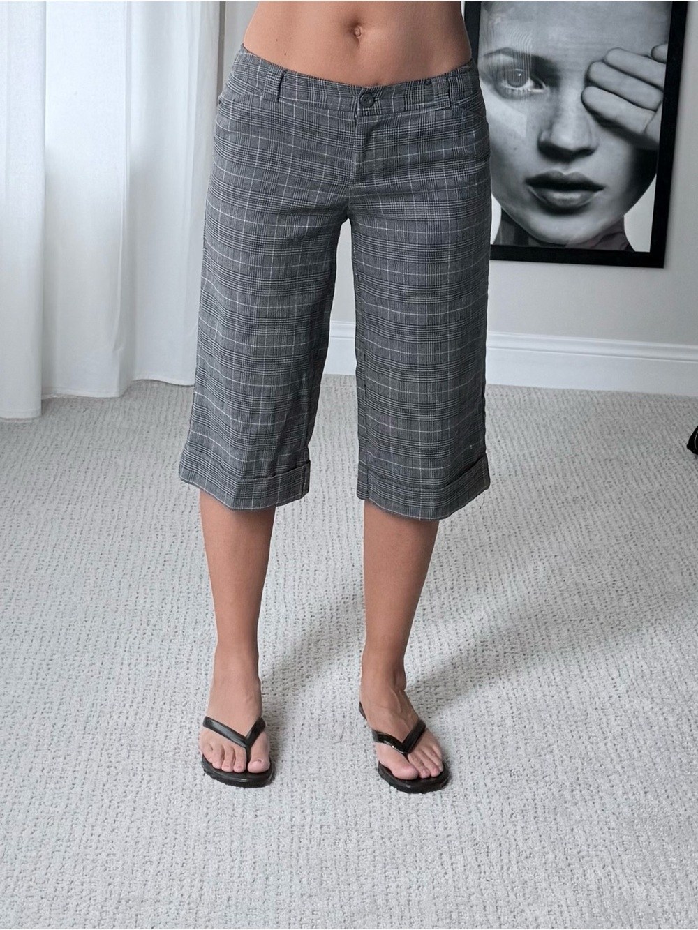 Y2K No Boundaries Gray and pink Plaid Capris with Cuffed Hem